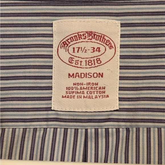 Brooks Brothers Men's Shirt 17.5 17 1/2 34 Long Sleeve Purple Striped Madison - Picture 6 of 16